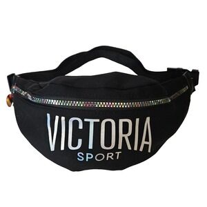 Victorias Secret Sport Black Neopreen Fanny Pack Belt Bag Iridescent Logo Zipper